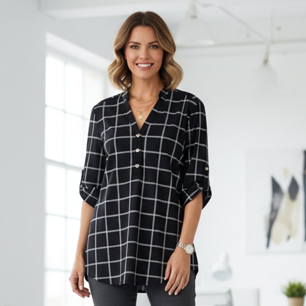 Perseption Concept M Top Black White Plaid Popover Office Minimalist Neutral Mod